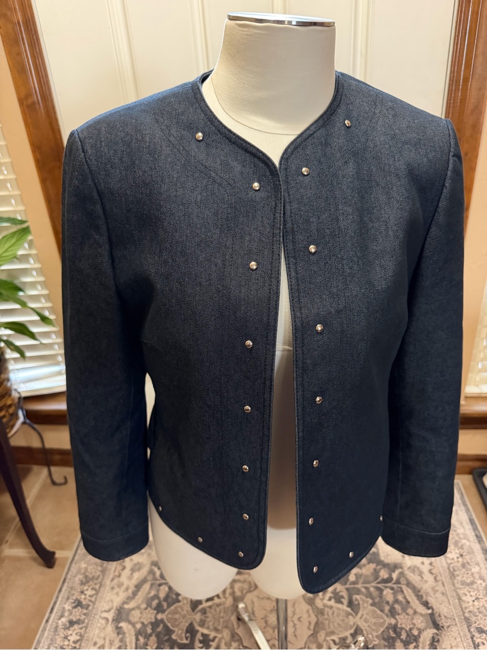 Kasper Dark Blue Collarless Denim Jacket with Silver Studs Pockets size 8